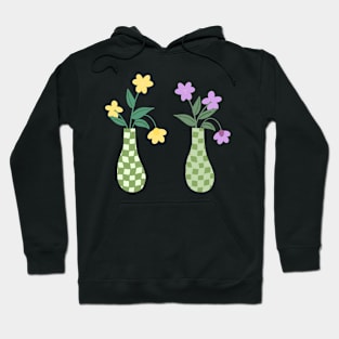 Pair of Green Checkered Vases with Yellow and Purple Flowers Hoodie